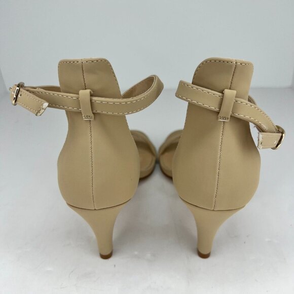 Ankis Womens Nude Gold Cross Strappy Heels Peep Toe Buckle Size 7.5 Stiletto - Picture 5 of 11